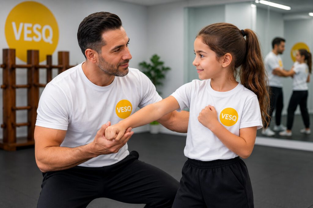 Selbstverteidigung Kinder Berlin – Mädchen trainiert Selbstverteidigung mit Trainer bei VESQ.