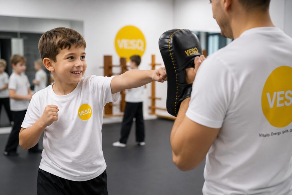 Selbstverteidigung Kinder Berlin – Ein Kind trainiert spielerisch Selbstvertrauen und Selbstverteidigung an der Pratze bei VESQ.

