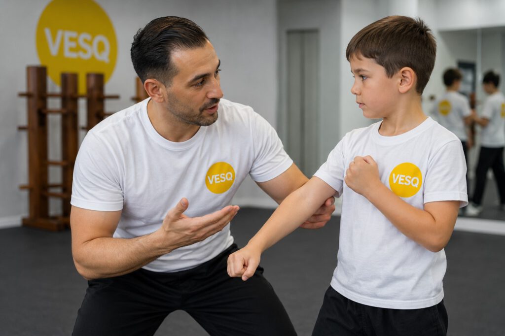 Selbstverteidigung Kinder Berlin - Trainer erklärt einem Kind eine Übung der VESQ.