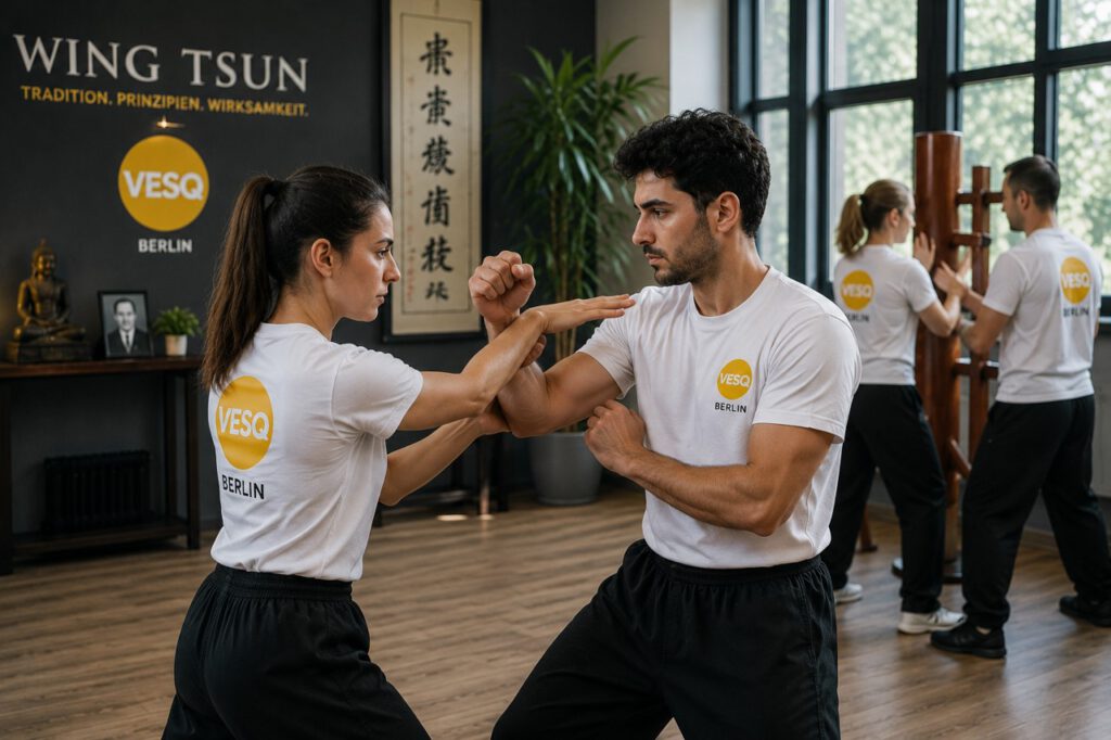Wing Tsun Geschichte Berlin – modernes Wing Tsun Training mit Frau und Mann bei VESQ Berlin nach traditionellen Prinzipien der Selbstverteidigung.