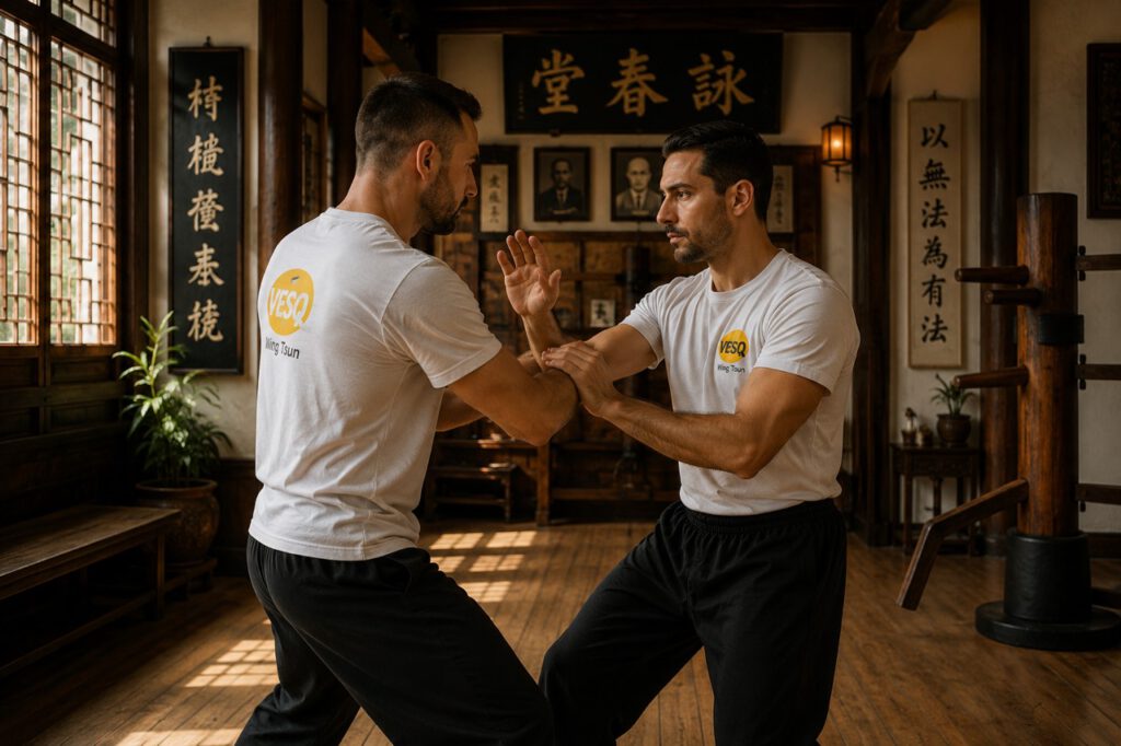Wing Tsun Geschichte Berlin – zwei Kampfkünstler demonstrieren traditionelle Wing Tsun Techniken mit Struktur, Timing und Präzision.

