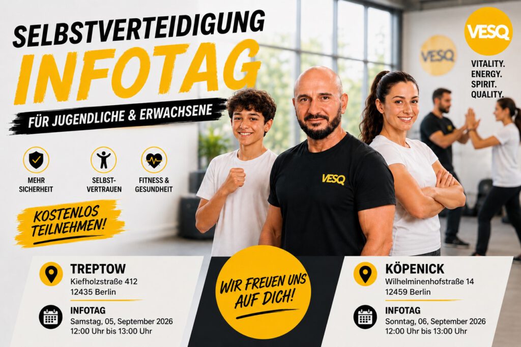 Selbstverteidigung Infotag von VESQ für Jugendliche und Erwachsene in Berlin Treptow am 05. September 2026 und Köpenick am 06. September 2026, jeweils von 12:00 bis 13:00 Uhr.